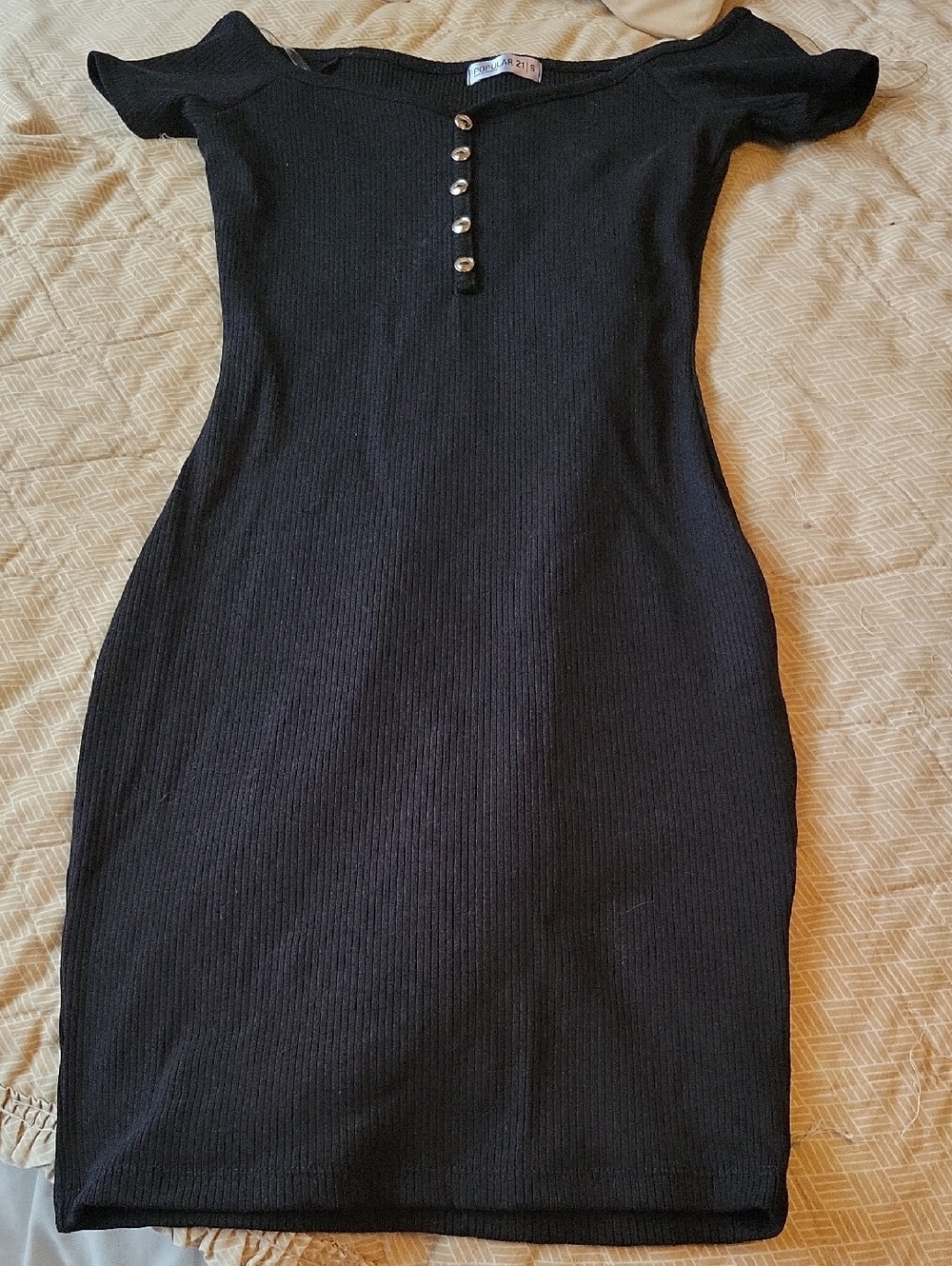 Off-Shoulder Black Ribbed Mini Dress with Button Front